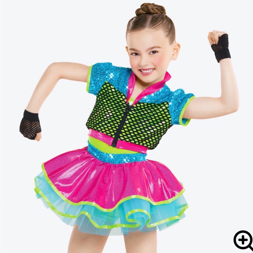 Girls' Bright Pink & Teal Dance Costume with Lime Accents